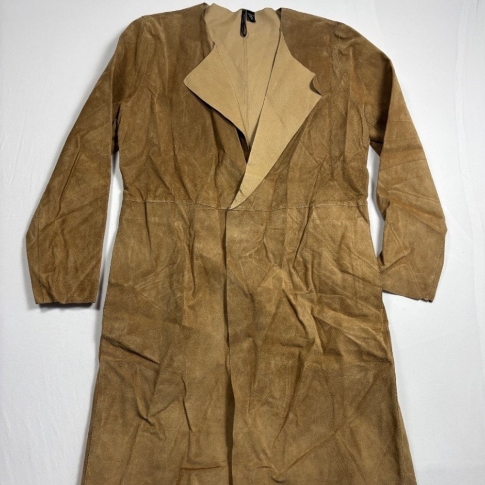 Women's Isda and Co Medium Leather Suede Wrap Coat Camel Long Sleeve Open Front